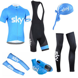 pro bule sky team cycling full set 6pcs cycling jersey set  men's jersey with hat sleeves leg warmer shoes cover